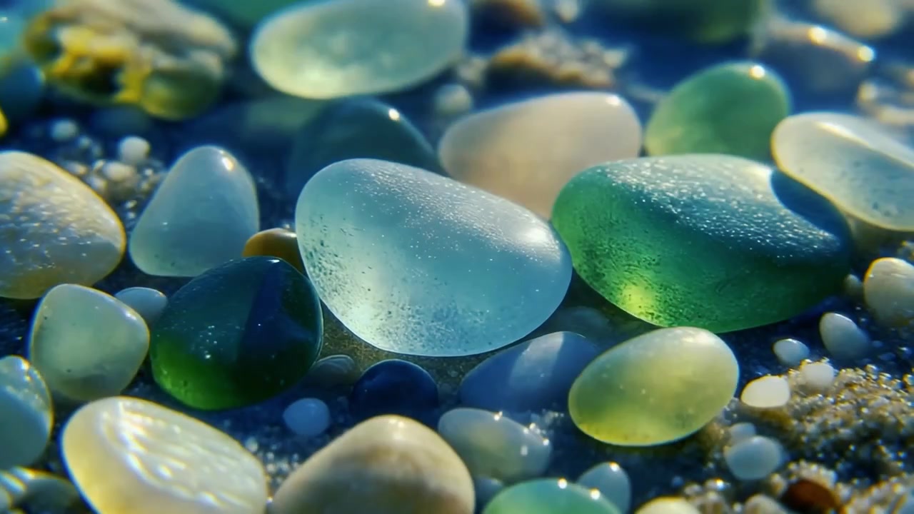 Primo piano di vetro marino liscio e ciottoli su una spiaggia sabbiosa