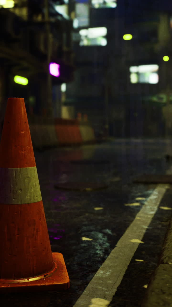 Nighttime city street with wet pavement and construction cone under neon lights
