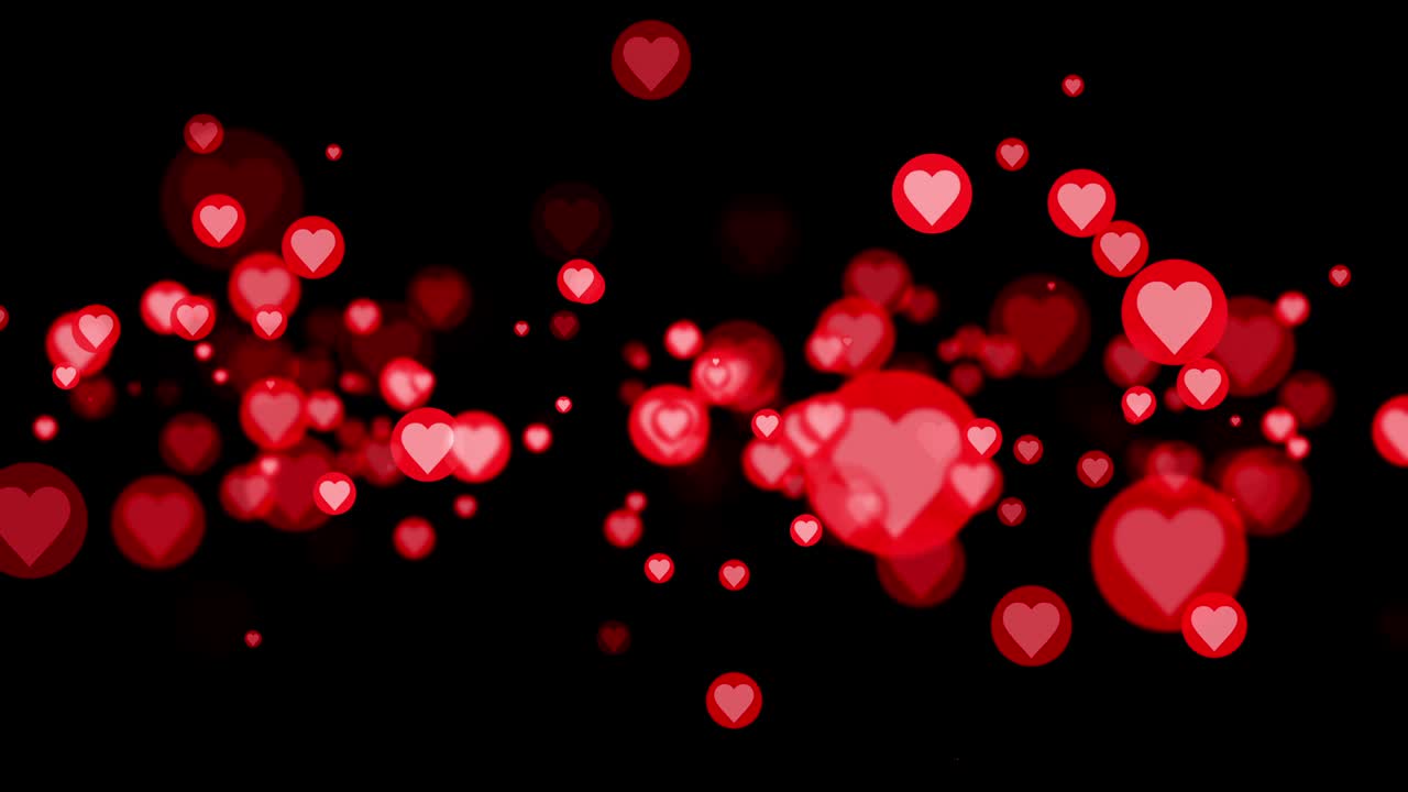 4k 3d 렌더링 원활한 루핑 로맨틱 비행 핑크 빨간 원 심장은 검은 바탕에 중심에서 흐르는 로맨틱 기념일 이벤트에 완벽합니다. 끝없는 모션 발렌타인 어머니의 결혼식 날.