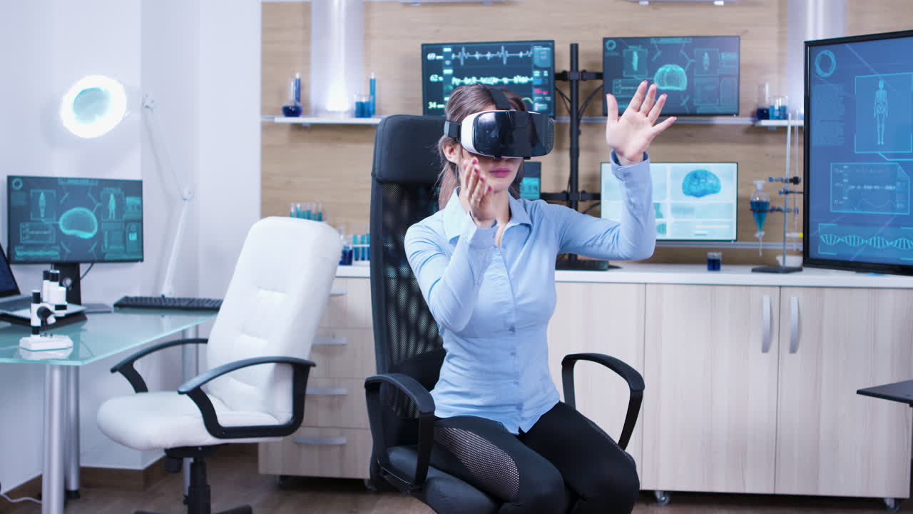 Female physician using virtual reality goggles in a futuristic clinic