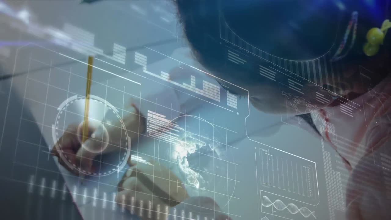 배경에는 데이터 처리를 통해 책에 글을 쓰는 소녀의 애니메이션이 있습니다.