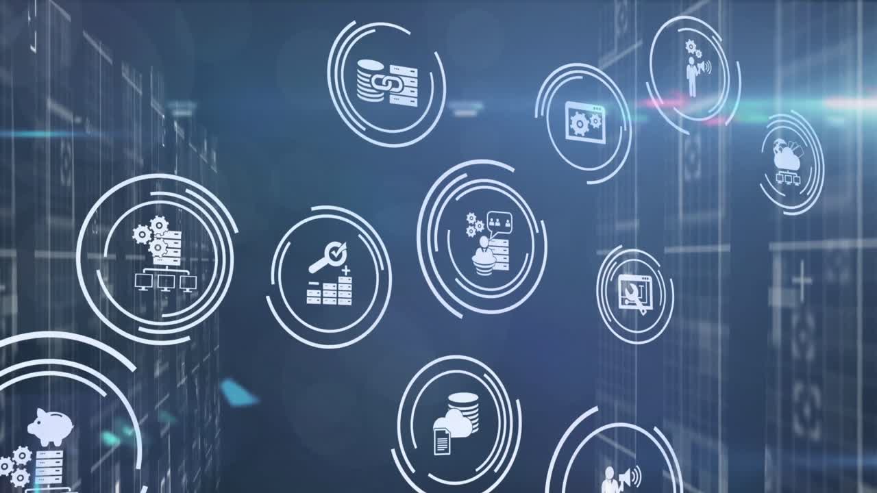 Animation of scope scanning with icons over moving columns on black background
