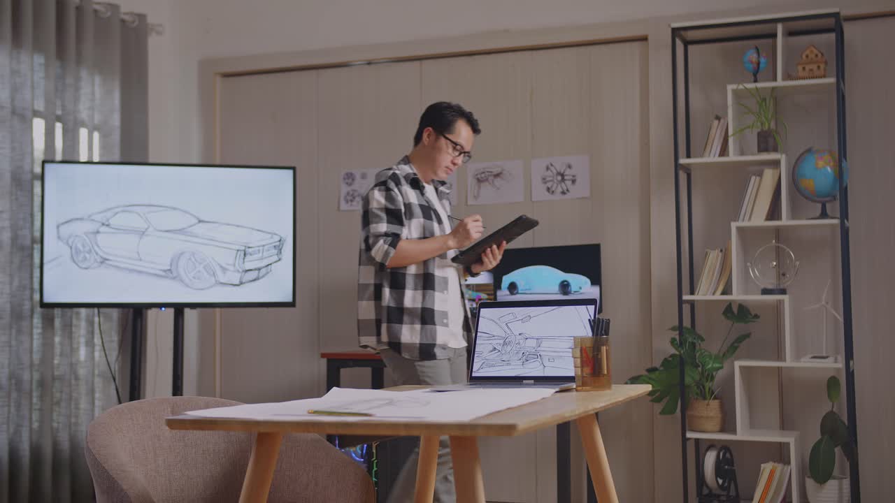 아시안 남성이 tv와 컴퓨터 디스플레이 3d 전기 자동차 모델과 함께 스튜디오에서 돌아다니는 동안 태블릿에 새로운 자동차 디자인 개념을 그리고 있습니다.