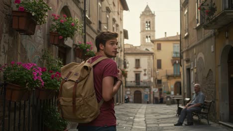 a solitary traveler wanders through a picturesque italian street, capturing the essence of adventure and exploration in a charming village setting