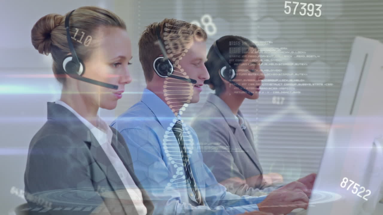 전화 헤드 ⁇ 을 착용 한 사업가 들 위 에 있는 dna 가닥 과 숫자 들 의 애니메이션