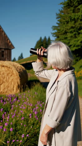 senior woman with binoculars in a rural setting