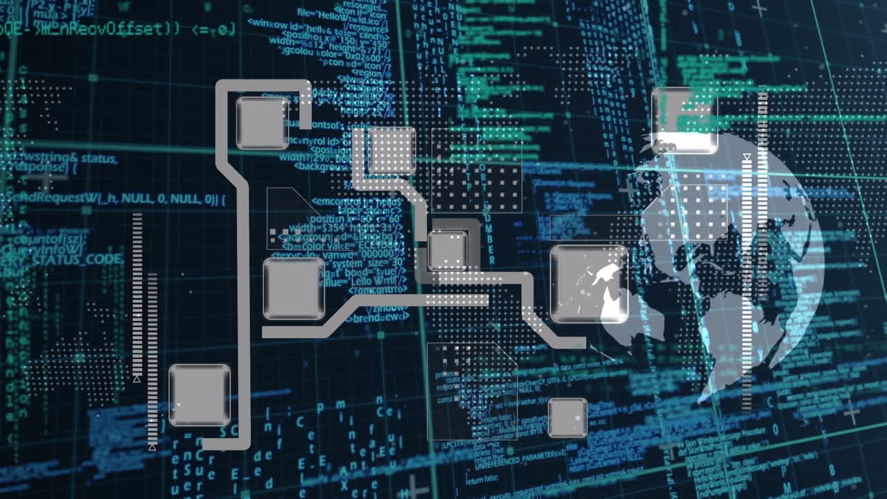 Animation of globe and computer circuit board over data processing