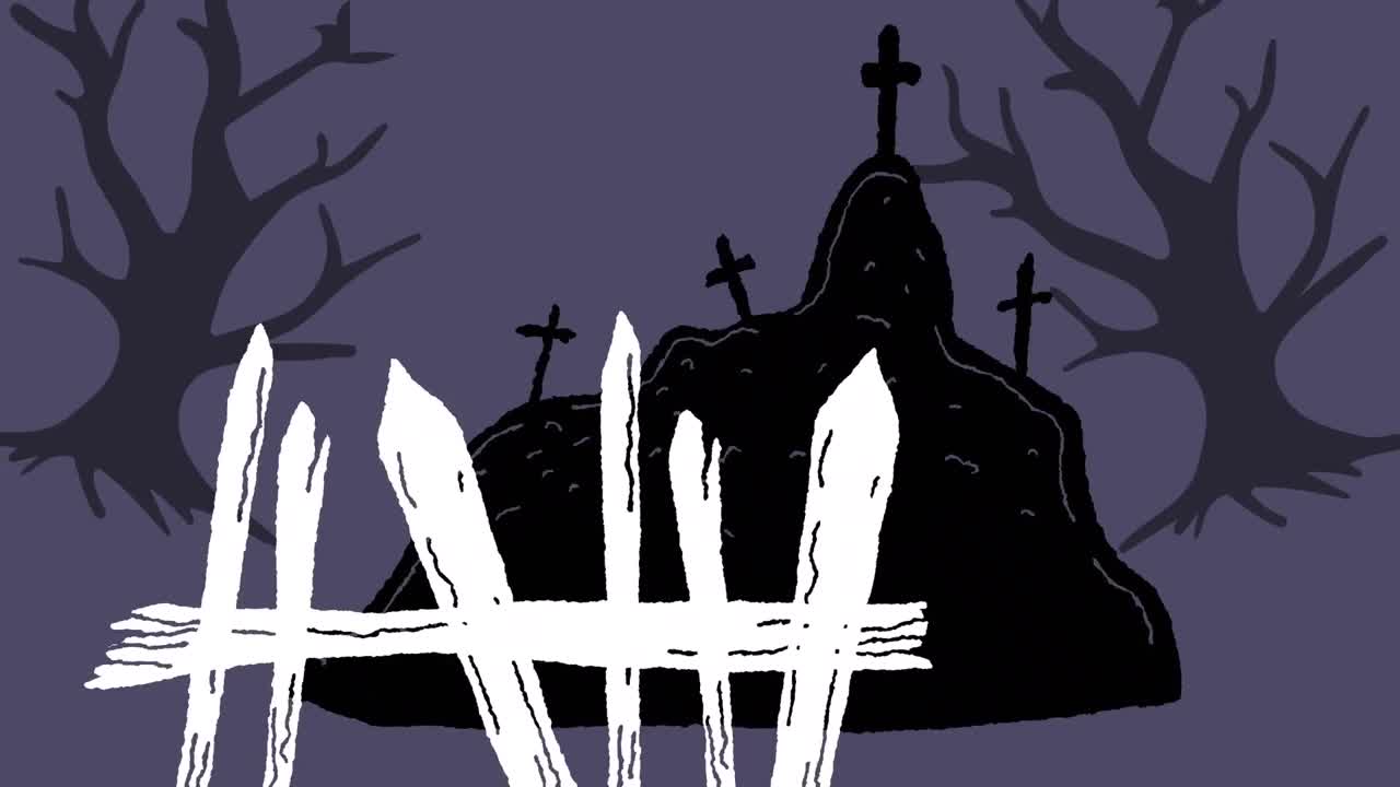 보라색 배경에 묘지와 나무의 애니메이션