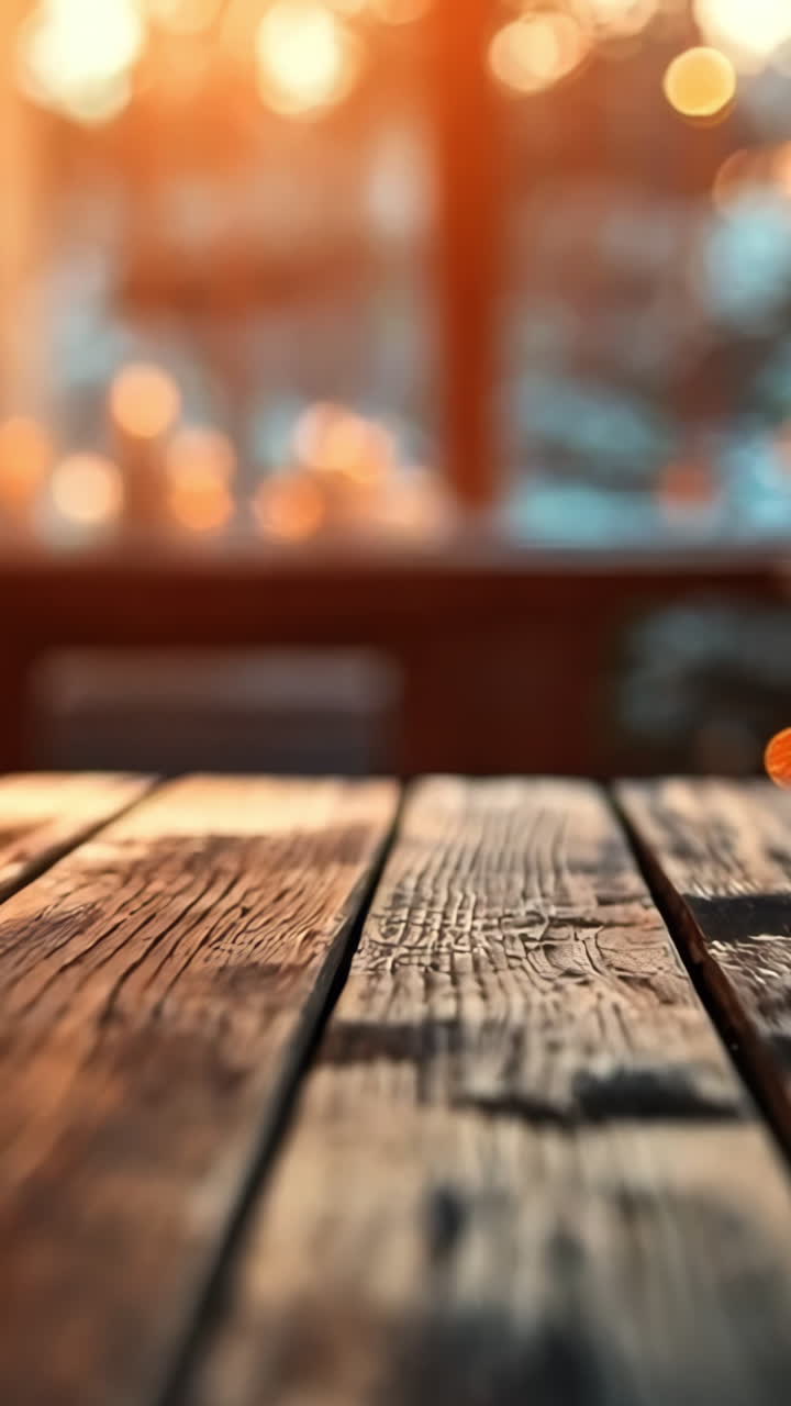 A wooden table with a Christmas tree in the background. The table is surrounded by a warm glow from the fireplace