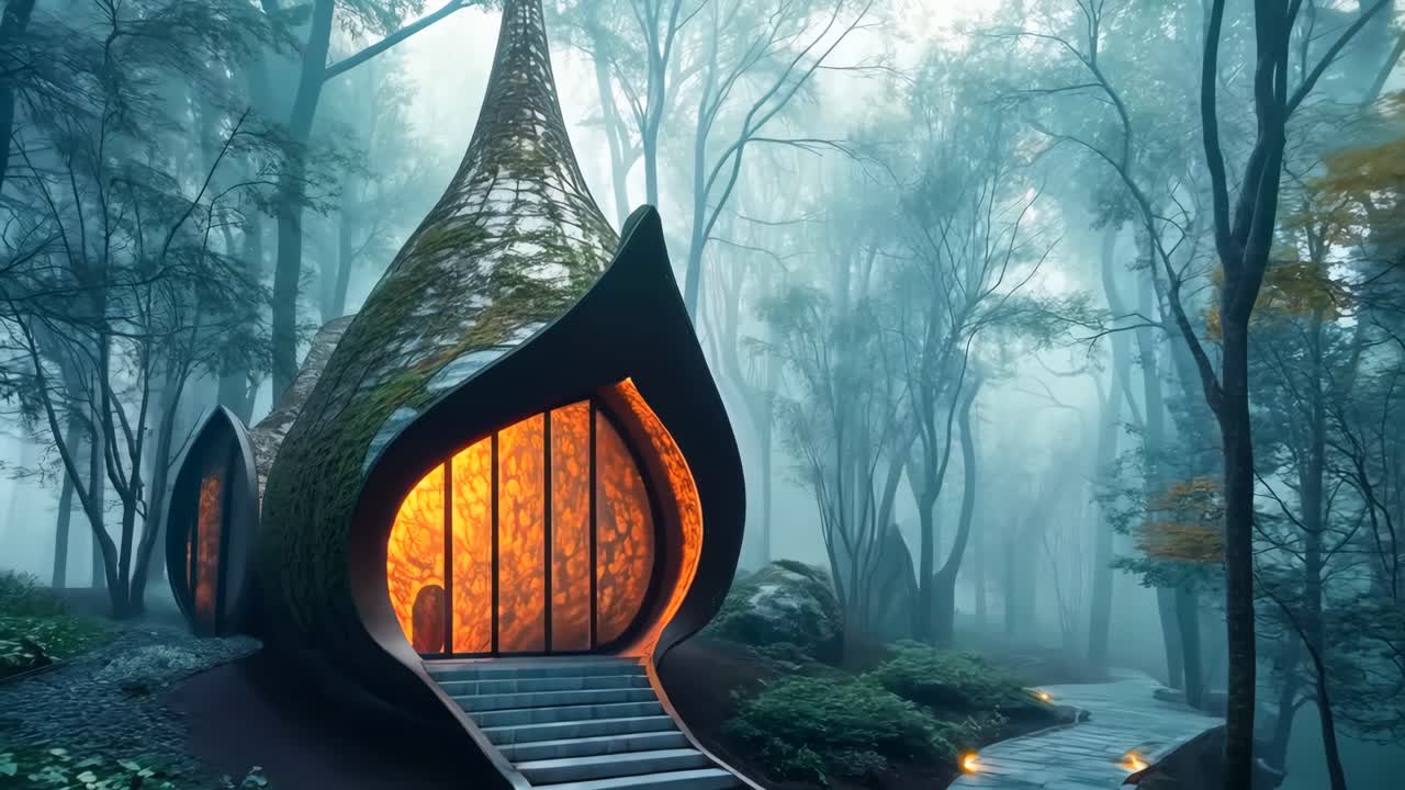 una casa en el medio de un bosque con escaleras que llevan a ella