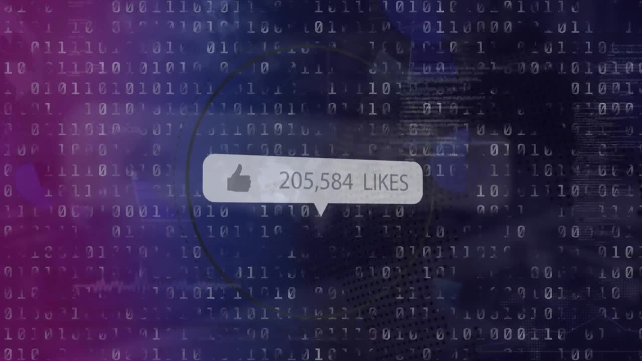 animación del icono de pulgares hacia arriba, cambios de números y gustos de texto en el cuadro de mensajes, círculo, códigos binarios