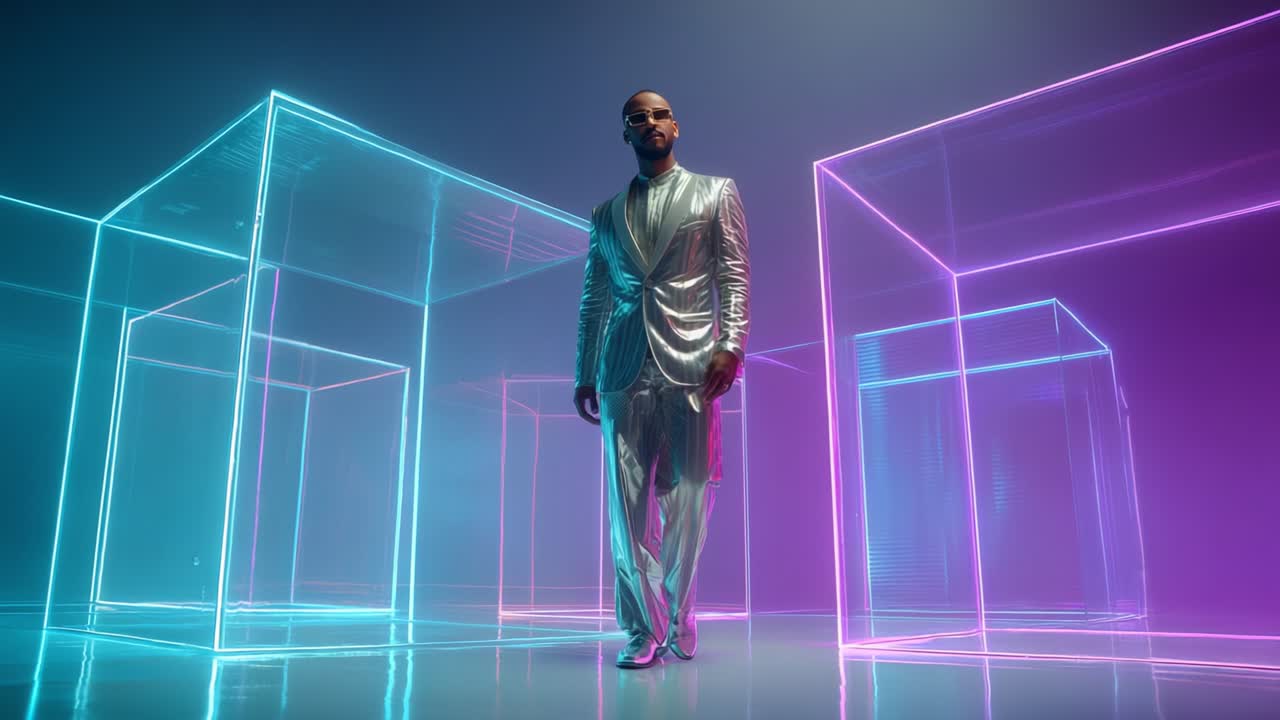 A dapper individual dressed in a shiny silver suit stands confidently amidst ethereal glowing cubes, illuminated by vibrant blue and pink lights, creating a striking and futuristic ambiance in a sleek, minimalist setting