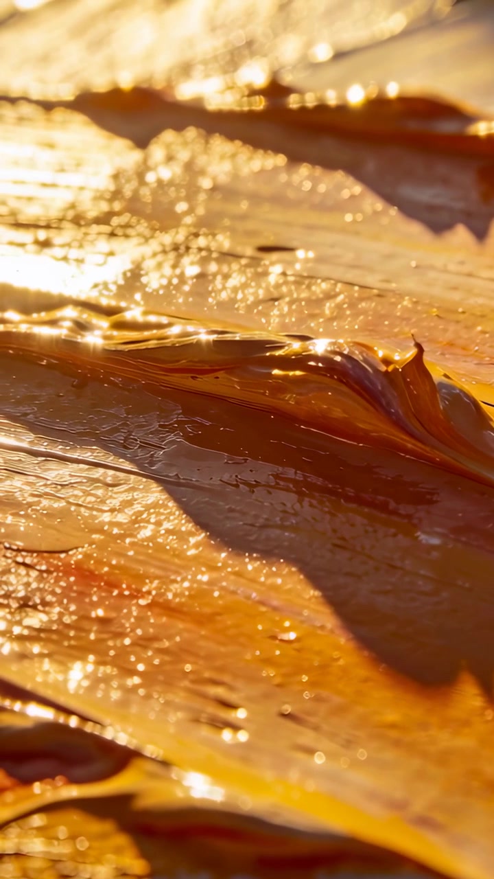 Vidéo verticale : Lumière changeante, arête de peinture brillante captant un reflet chaud sur la table, révélant des gouttelettes.