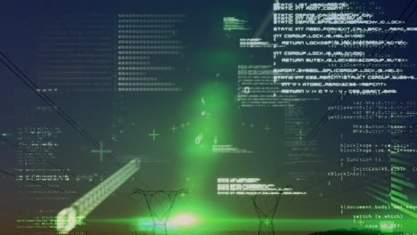 animación del procesamiento de datos y senderos de luz sobre pilones y cielo con nubes