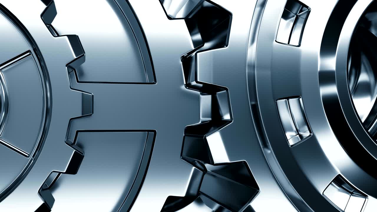 아름다운 강철 기어 이 작동 메커니즘 매크로에서 회전합니다. 루프 3d 애니메이션, 추상적인 작업 과정, 팀워크, 비즈니스 및 기술 개념.