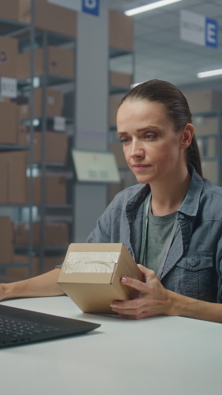 Warehouse worker inspecting a package on a laptop