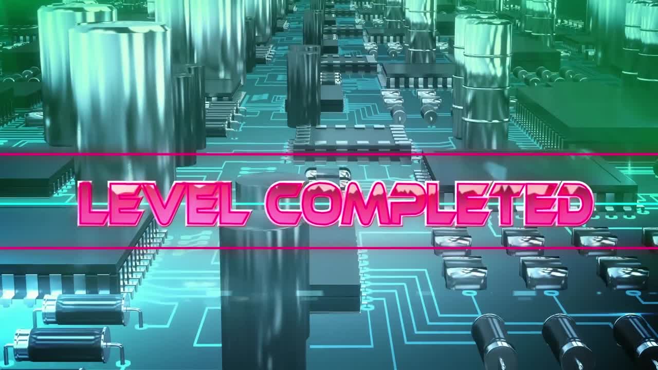 메인보드의 마이크로프로세서 연결의 클로즈업에 대항하여 네온 배너에 완성 된 레벨 텍스트