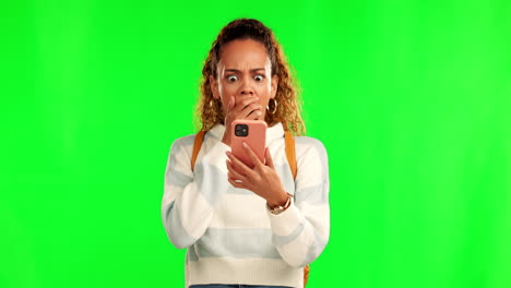 shock, omg and woman with phone on green screen
