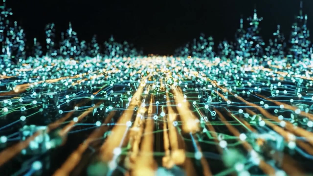 A mesmerizing view of a digital landscape showcasing vibrant circuits and illuminated nodes, symbolizing the intricate connections of modern technology.