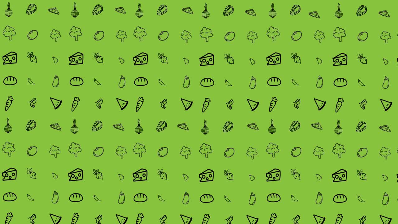 animación de la ilustración con texto pow en burbuja de habla retro sobre iconos de alimentos en fondo verde