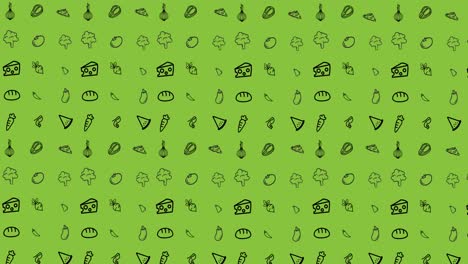 Animation-of-illustration-with-pow-text-on-retro-speech-bubble-over-food-icons-on-green-background