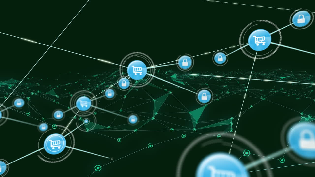 animación de la red de conexiones con iconos sobre las conexiones azules