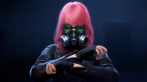 stylized character with pink hair and gas mask making an x gesture