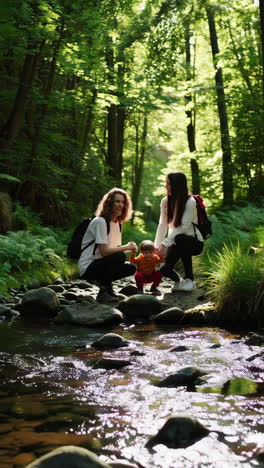 family hiking in forest stream