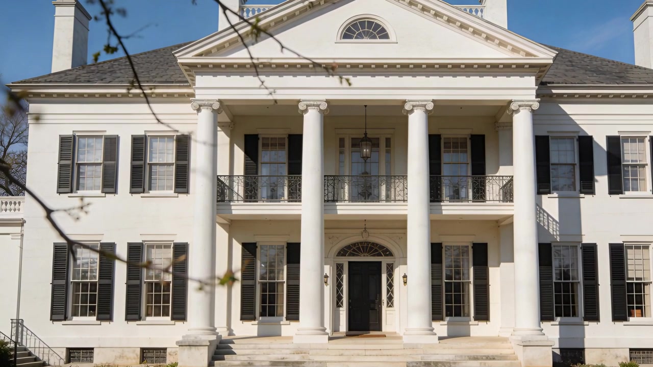 Shot starting, camera zooming toward classical mansion at estate, framing columns and budded branch