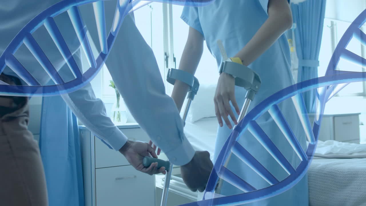병원에서 다양한 남성 의사와 여성 환자에 대한 dna 스트랜드의 애니메이션