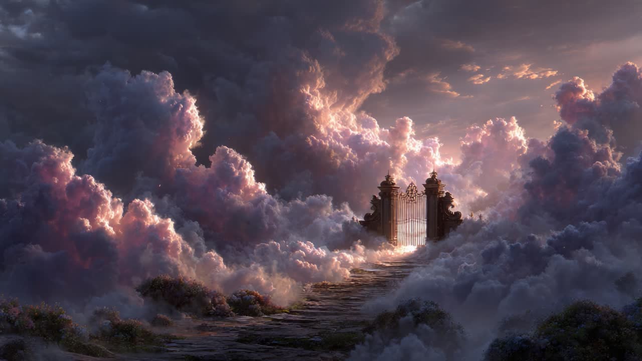 A Serene Passage Through Ethereal Clouds Leading to an Intricate Gateway, Illuminating a Mystical Realm Beyond in a Dreamlike Landscape