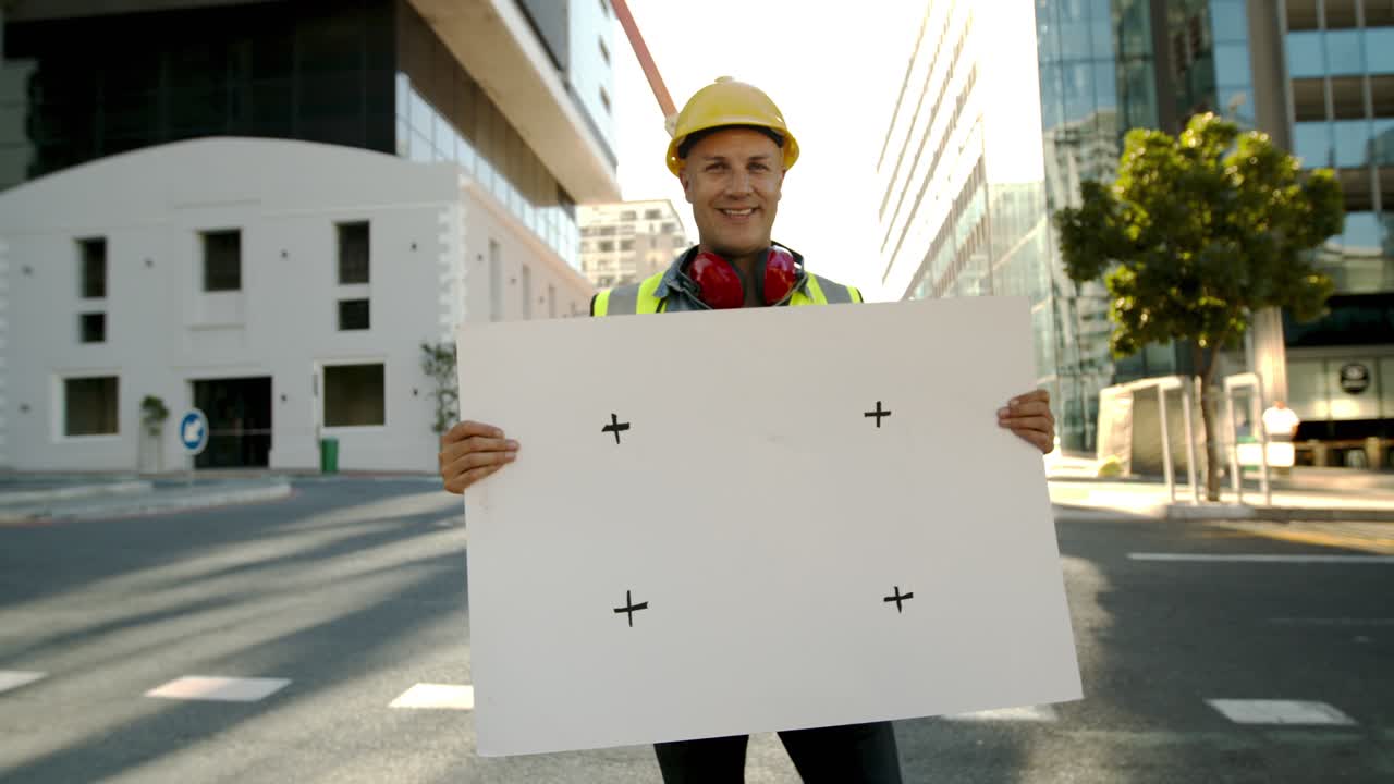 Ouvrier du bâtiment heureux tenant une pancarte vide