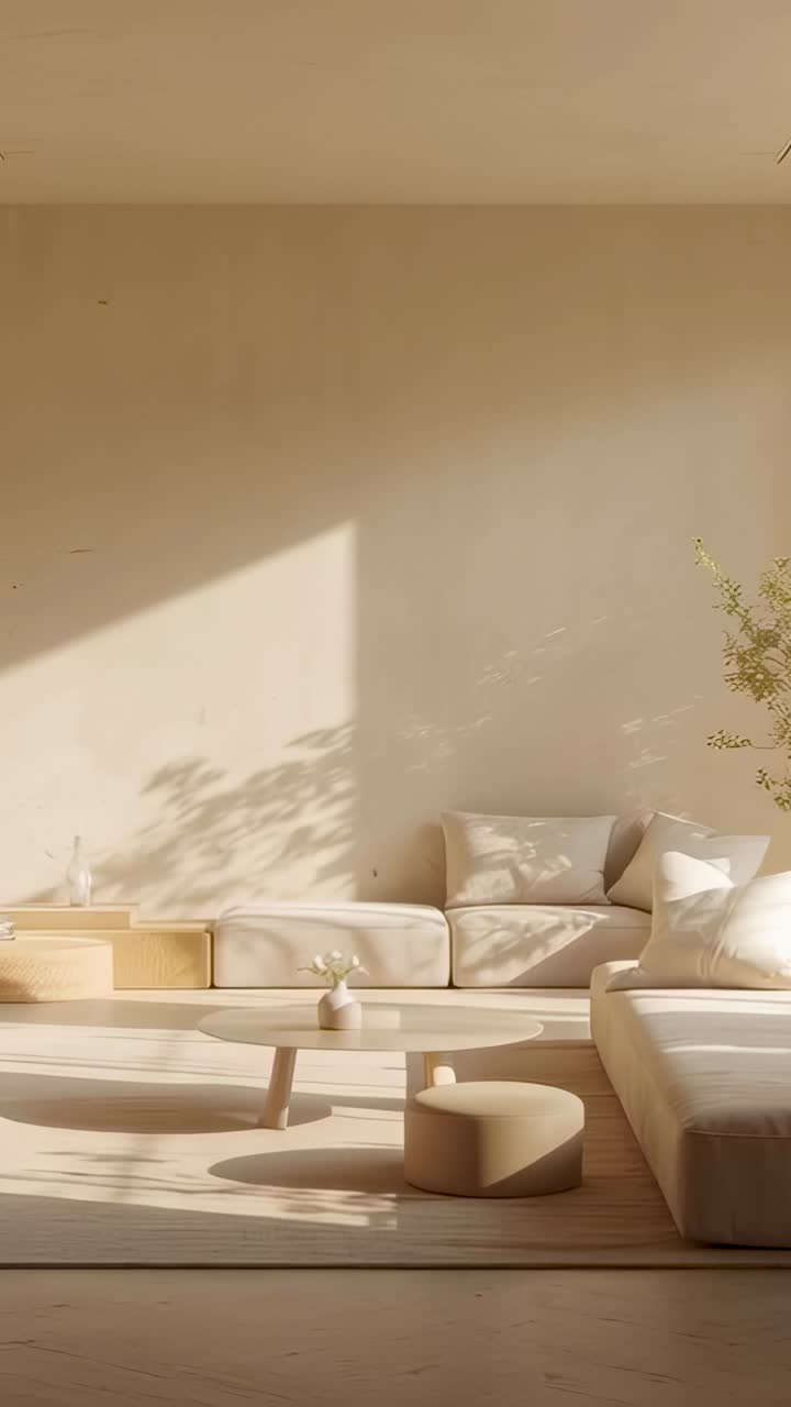 Video verticale: ripresa panoramica con la telecamera che mostra un divano in casa, rivelando una pianta e dei cuscini, con la luce del sole che cambia
