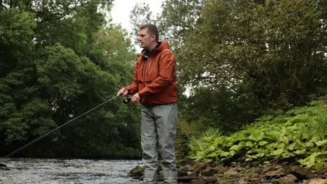 hand-held shot of a fisherman reeling and casting his spinning lure into a stream