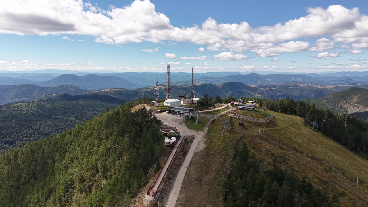 Zlatibor Mountain, Serbia. Drone Shot or Tornik Peak in Summer Season, Gondola Station and Communication Towers