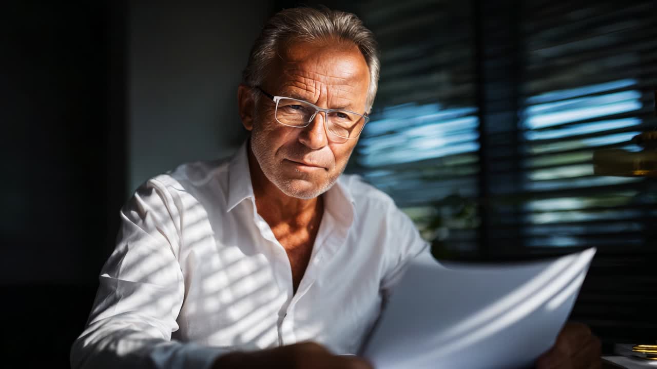 A thoughtful man in a white shirt examines important documents under moody lighting, showcasing concentrated expression along with thoughtful reflection, emphasizing intellectual engagement and decision-making process