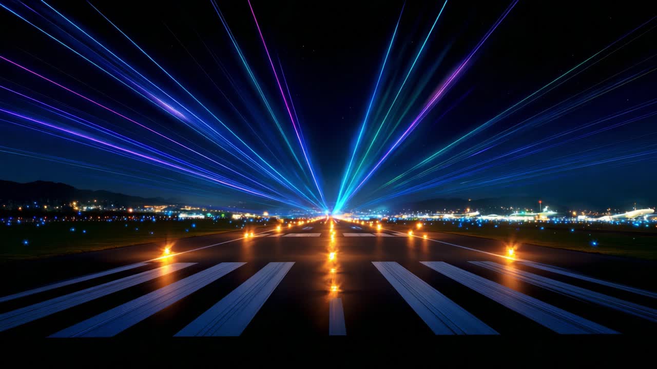 A stunning display of colorful laser lights firing down an illuminated runway at night, creating a vibrant and captivating atmosphere that showcases the intersection of technology and creativity in an aerial environment