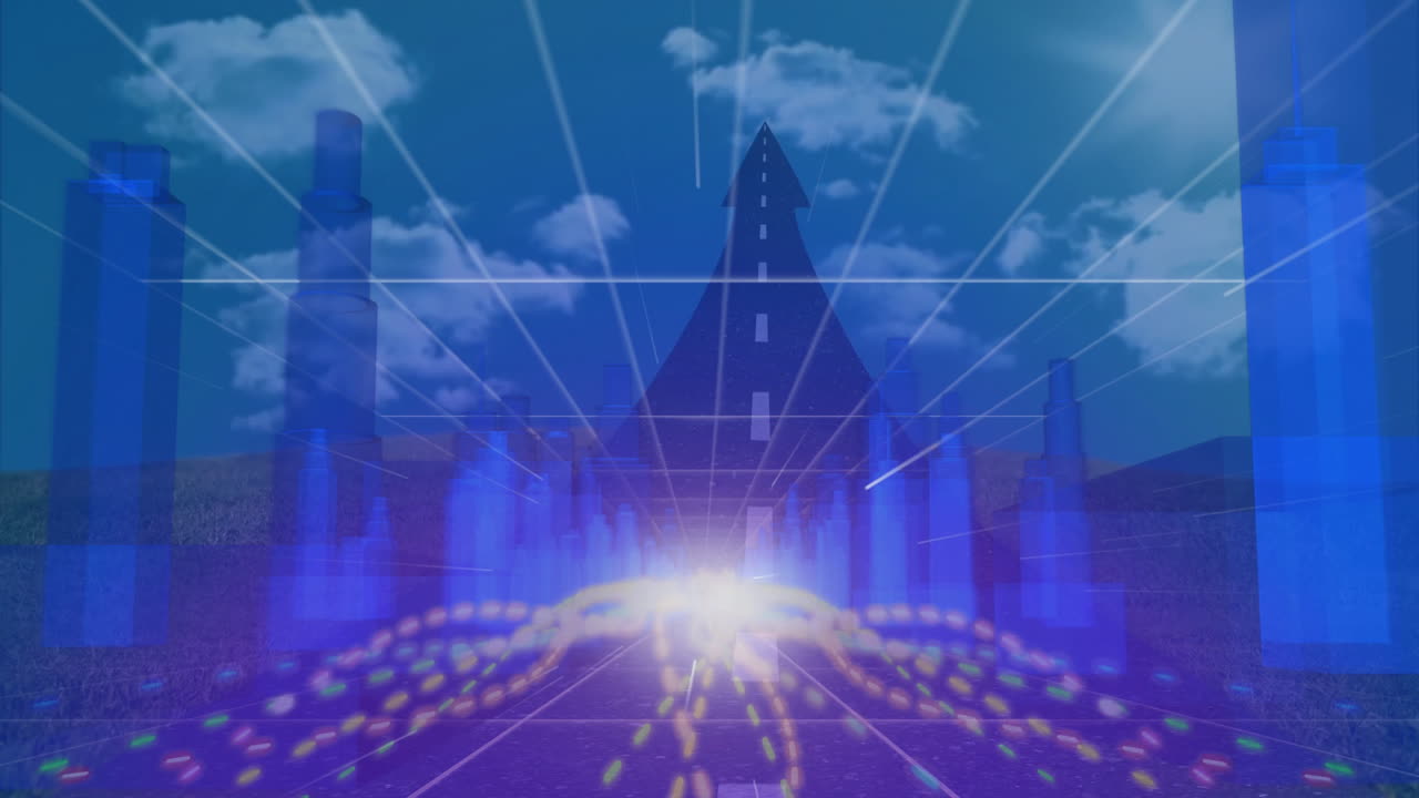 Glowing lights and digital grid animation in futuristic cityscape at night