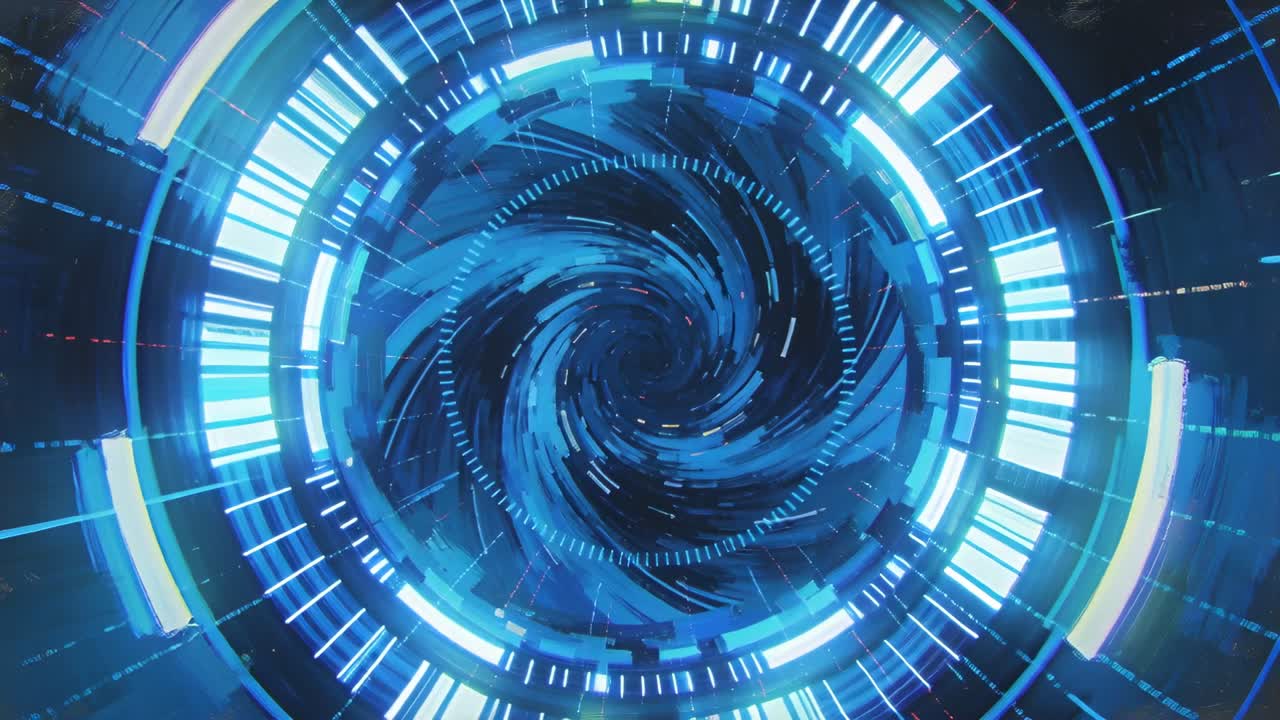 Vertical video: On play, holographic interface forming vortex, rings pulsing, visualizing tech data
