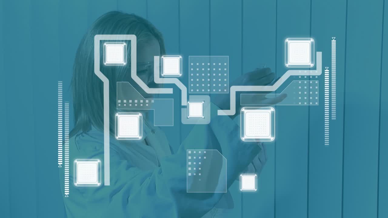 Animation of integrated circuit over caucasian female lab worker