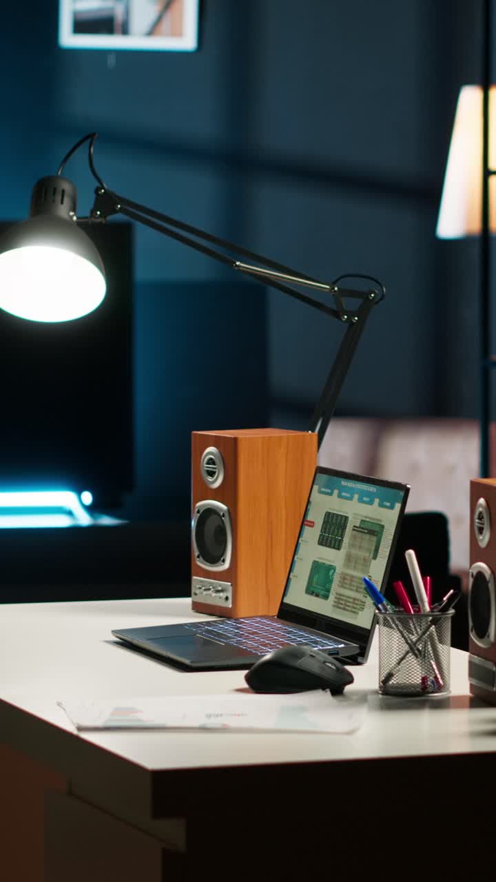Espacio de trabajo con portátil y altavoces
