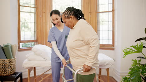 nurse, walker and woman with disability