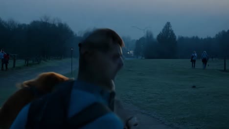 man and dog in a misty park at dawn