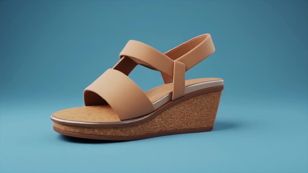 Beige kilehælsandal roterende på blå baggrund