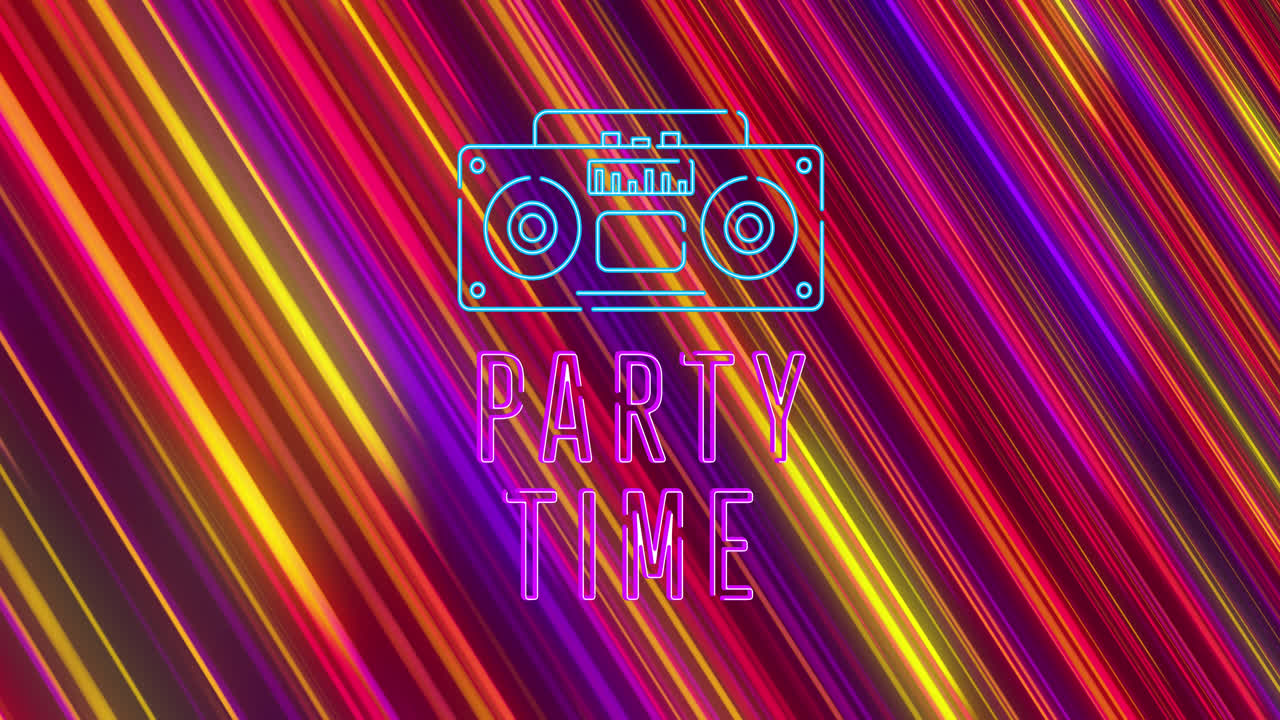 검은색 배경에 다채로운 트레일 위에 파티 시간 텍스트의 애니메이션