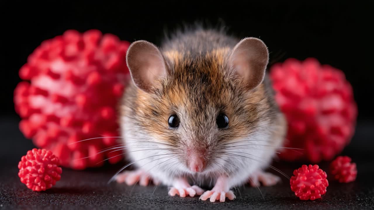 Tampilan jarak dekat seekor tikus menggemaskan yang dikelilingi objek bulat merah cerah, menampilkan detail rumit bulunya dan fitur khasnya dalam adegan yang menarik dan memukau
