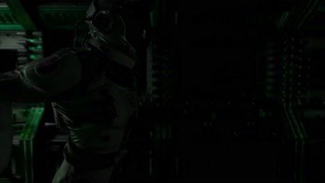 astronauta en un corredor de nave espacial iluminado en verde