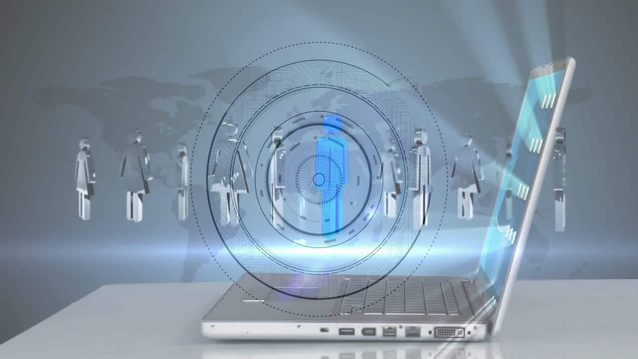 Laptop with holographic interface and global network animation over world map