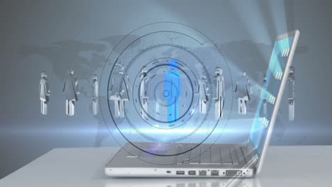 Laptop with holographic interface and global network animation over world map