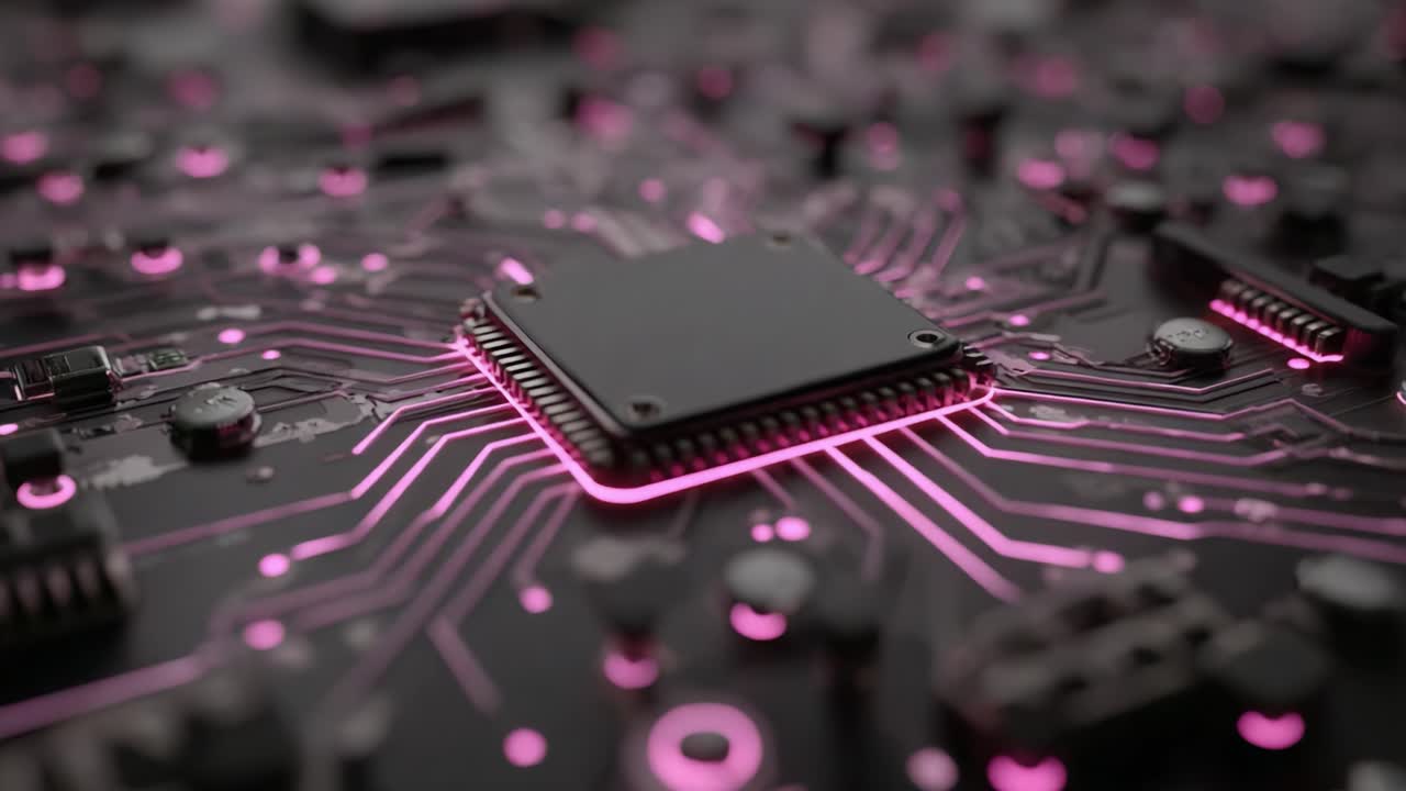 Close-Up of a Circuit Board Featuring a Central Microchip with Glowing Pink Traces Connecting Various Components in a High-Tech Setting